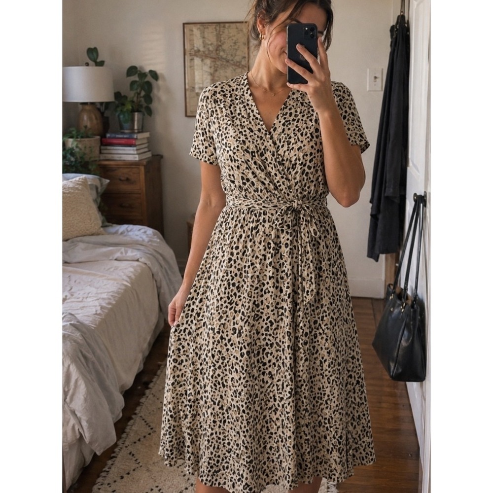 EVRI Leopard Print Faux Wrap Dress 0X High Low Midi Maxi Tie Waist V Neck Flowy‎
